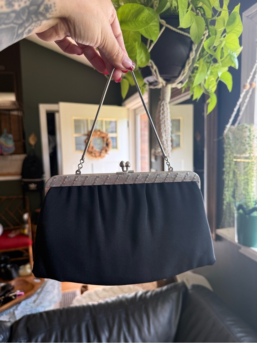 Vintage 1950s 60s Black Satin Evening Bag